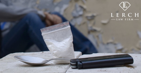 bag of cocaine, spoon, lighter, and person sitting on the ground in the background